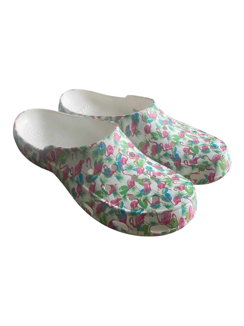 CROCS White Clog with Pink Flamingo and Green Leaf Print W11